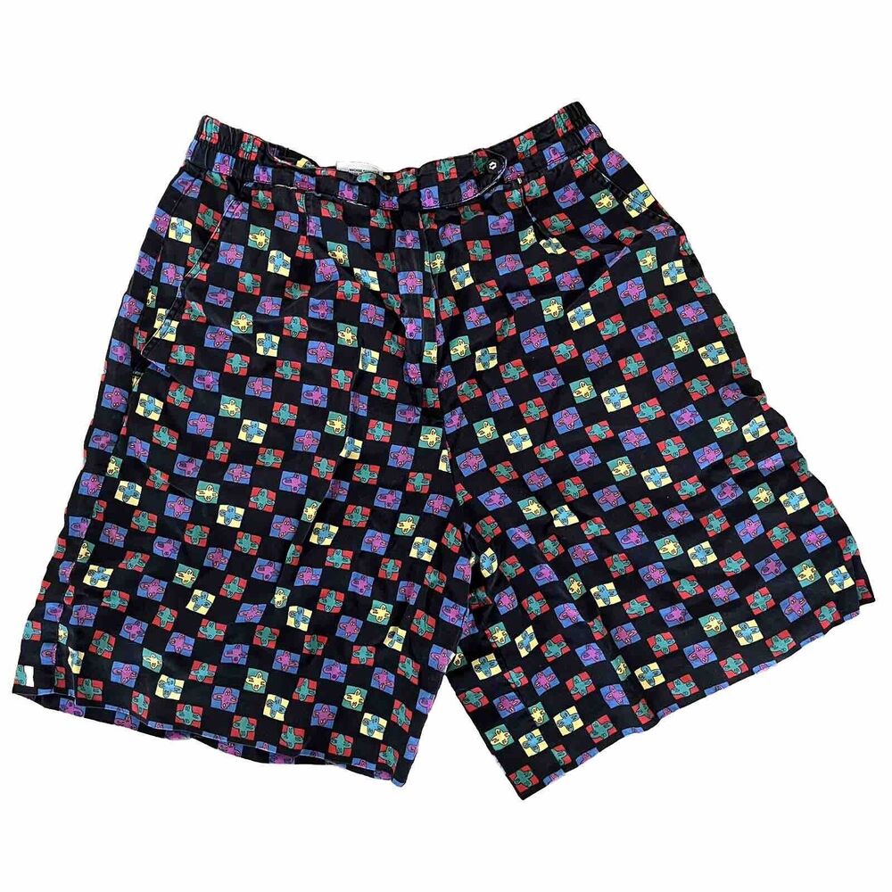 Vintage 80s 90s Trippy Colorful Checkerboard Printed High Waist Shorts Size 10